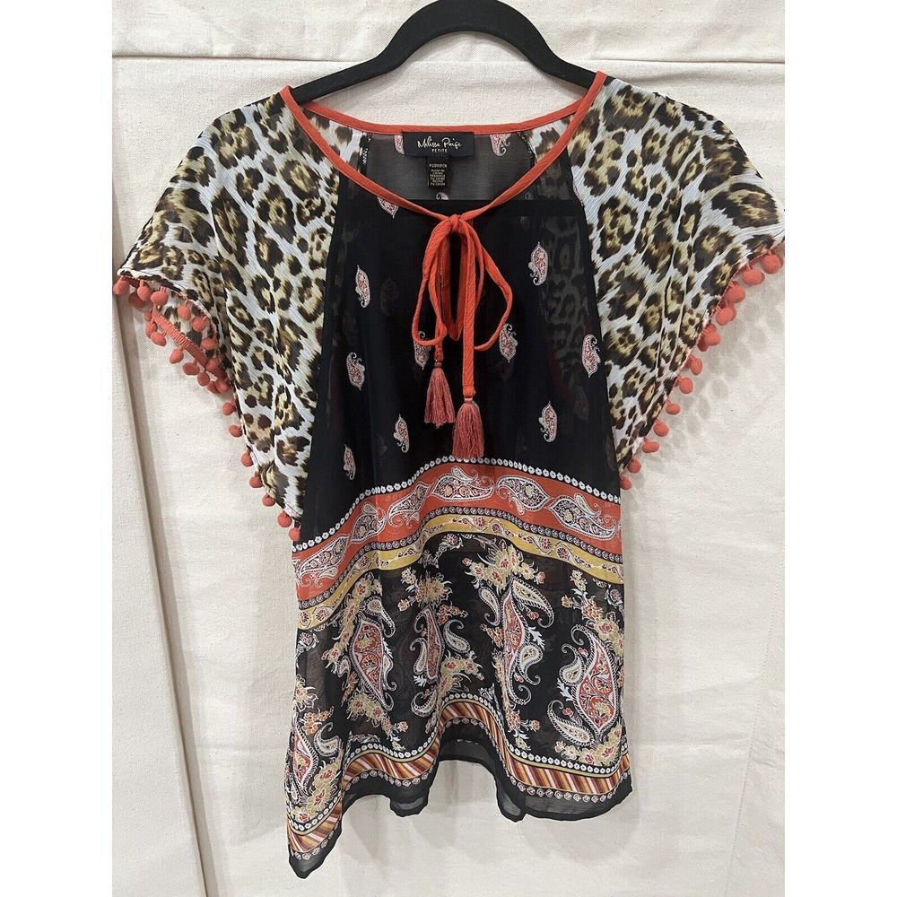 Melissa Paige‎ Cap Sleeve Blouse Shirt Small PS Animal Print Pom Poms Paisley